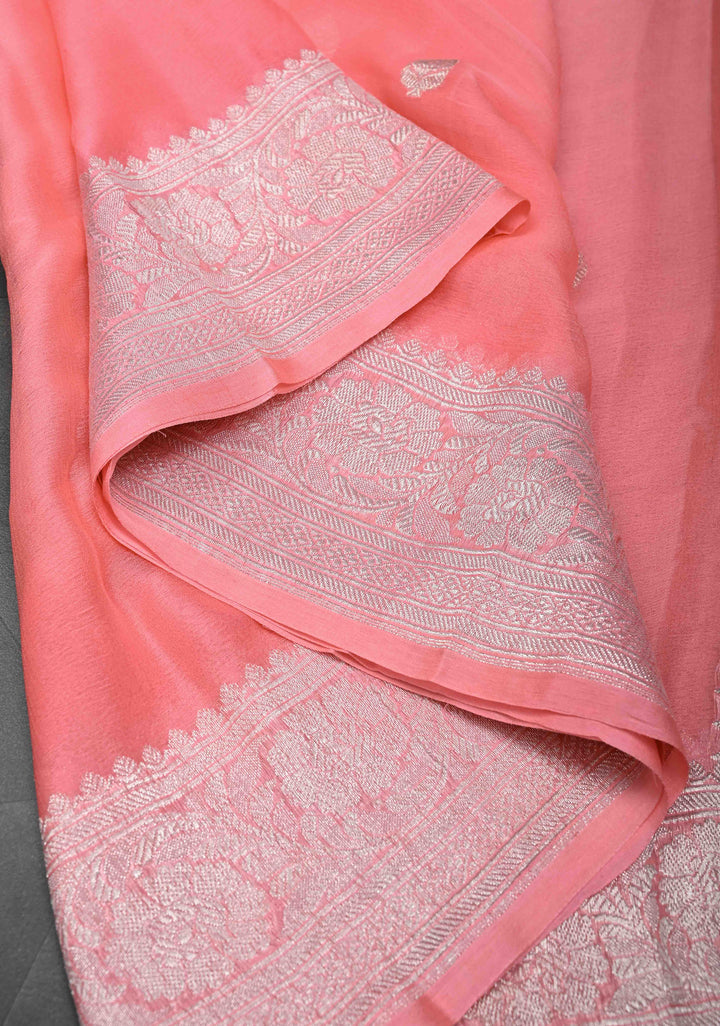 Salmon Pure Chiffon Silk Saree with Silver tone Zari Buttas and Border | SILK MARK CERTIFIED