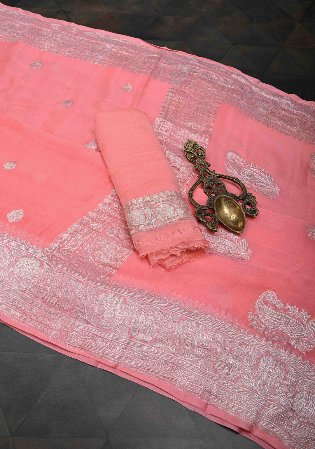 Salmon Pure Chiffon Silk Saree with Silver tone Zari Buttas and Border | SILK MARK CERTIFIED