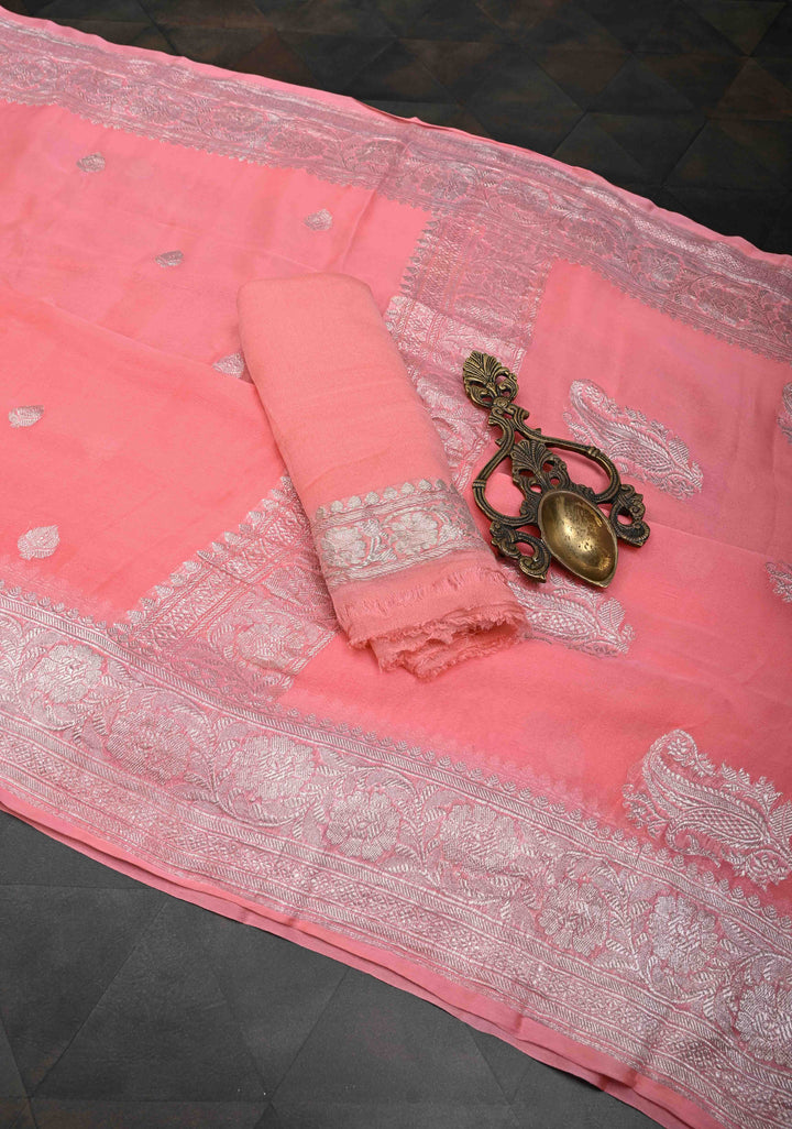 Salmon Pure Chiffon Silk Saree with Silver tone Zari Buttas and Border | SILK MARK CERTIFIED