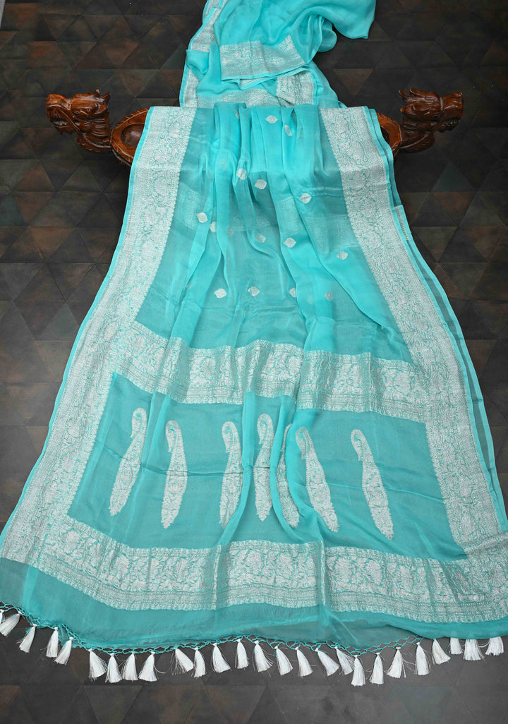 Aqua Blue Pure Chiffon Silk Saree with Silver tone Zari Buttas and Border | SILK MARK CERTIFIED