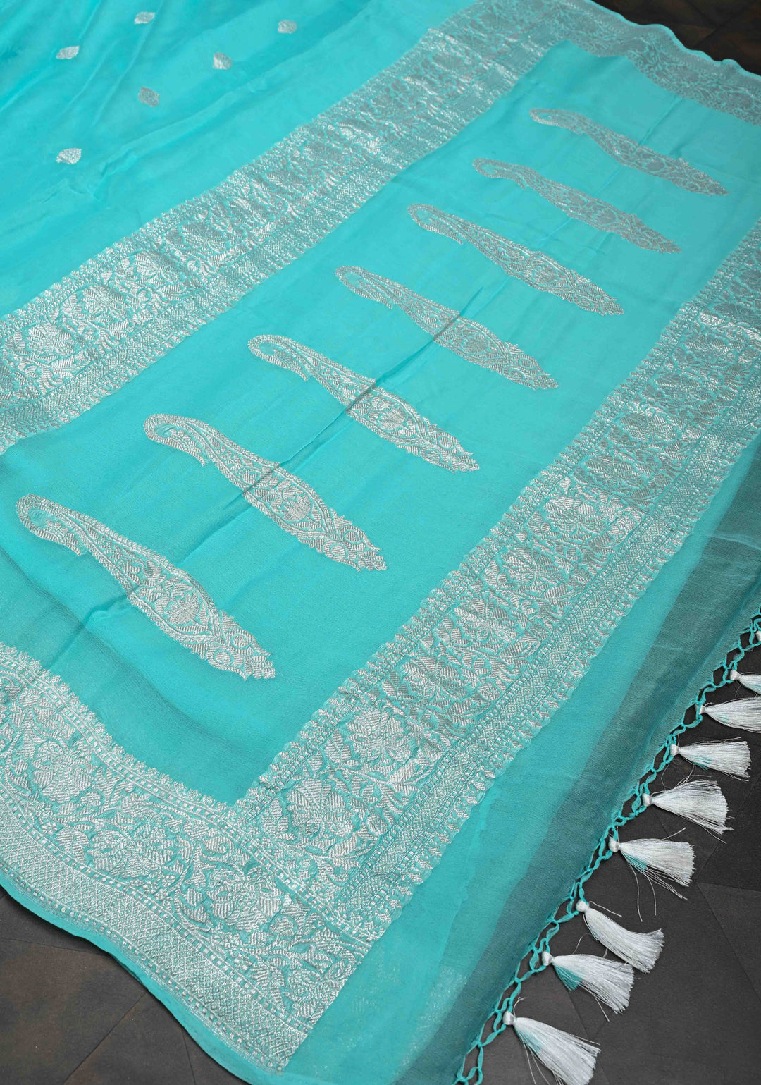 Aqua Blue Pure Chiffon Silk Saree with Silver tone Zari Buttas and Border | SILK MARK CERTIFIED