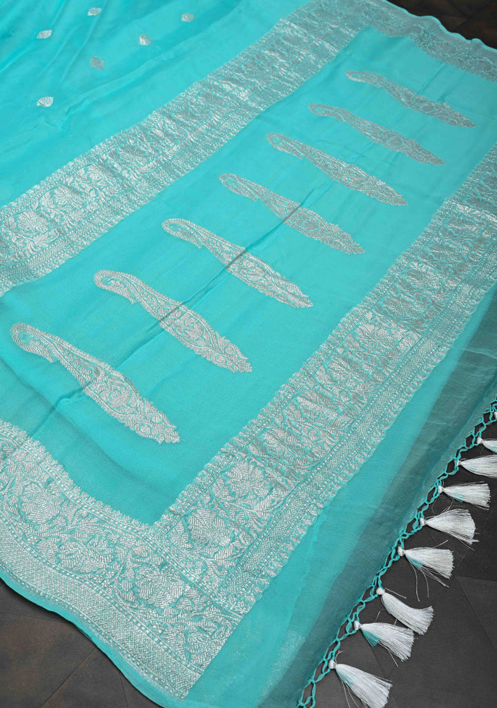 Aqua Blue Pure Chiffon Silk Saree with Silver tone Zari Buttas and Border | SILK MARK CERTIFIED