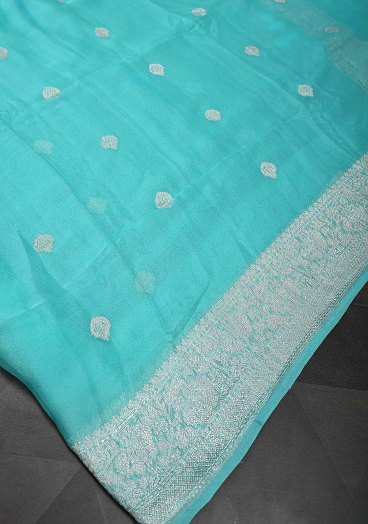 Aqua Blue Pure Chiffon Silk Saree with Silver tone Zari Buttas and Border | SILK MARK CERTIFIED