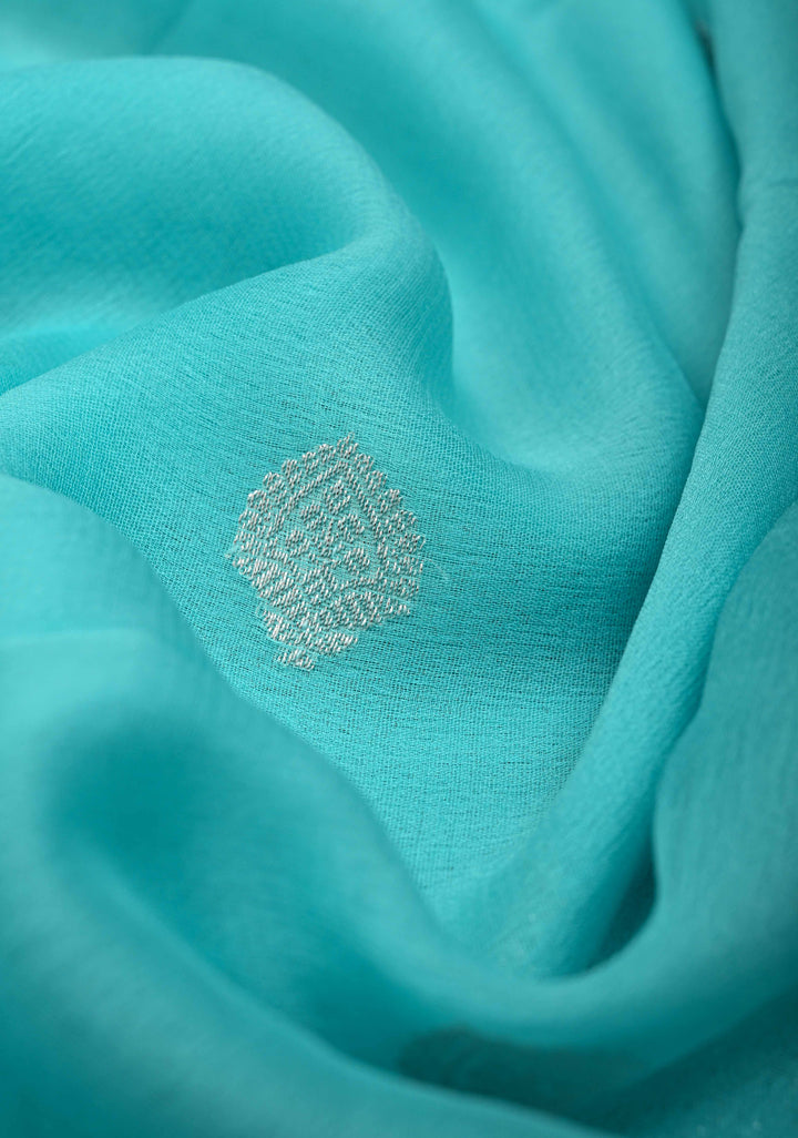 Aqua Blue Pure Chiffon Silk Saree with Silver tone Zari Buttas and Border | SILK MARK CERTIFIED