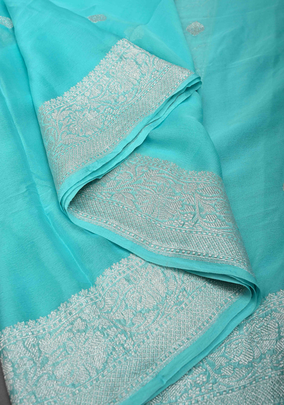 Aqua Blue Pure Chiffon Silk Saree with Silver tone Zari Buttas and Border | SILK MARK CERTIFIED
