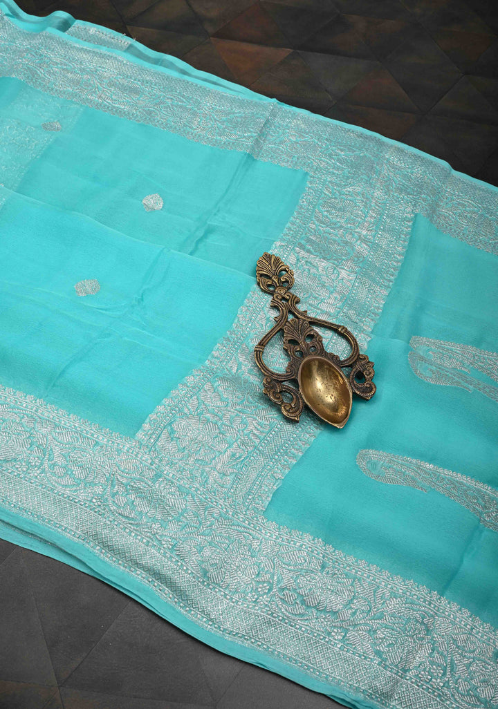 Aqua Blue Pure Chiffon Silk Saree with Silver tone Zari Buttas and Border | SILK MARK CERTIFIED