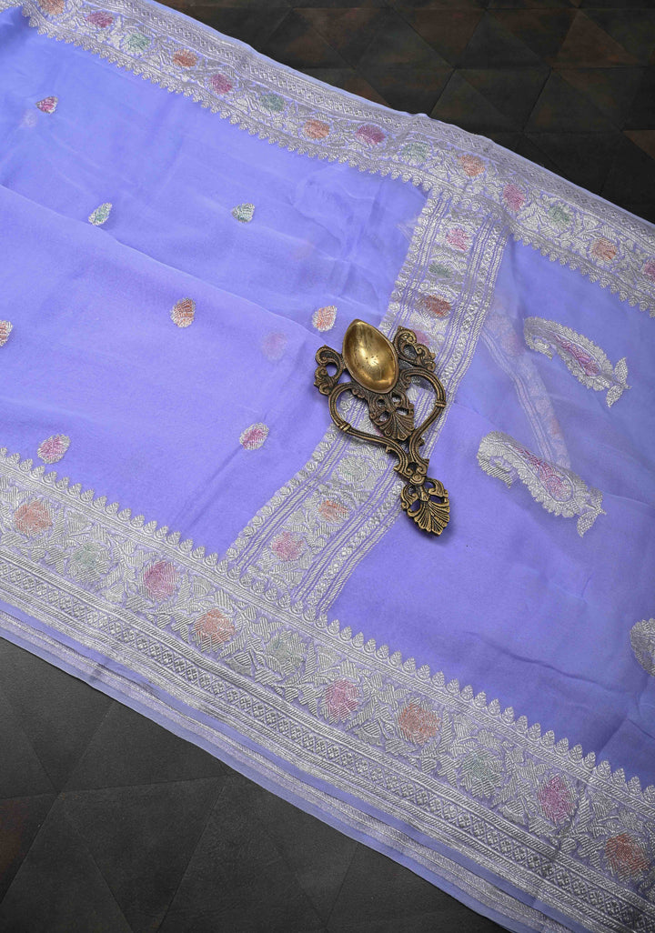 Periwinkle Pure Chiffon Silk Saree with Hand Brush Dye Silver Tone Zari Buttas and Border | SILK MARK CERTIFIED