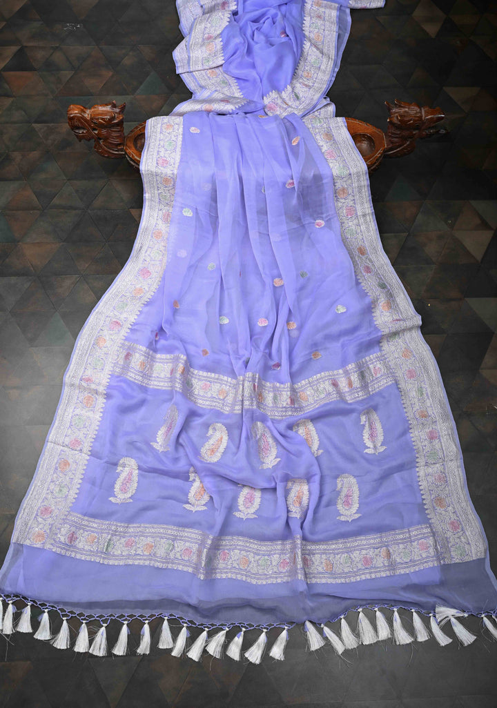 Periwinkle Pure Chiffon Silk Saree with Hand Brush Dye Silver Tone Zari Buttas and Border | SILK MARK CERTIFIED