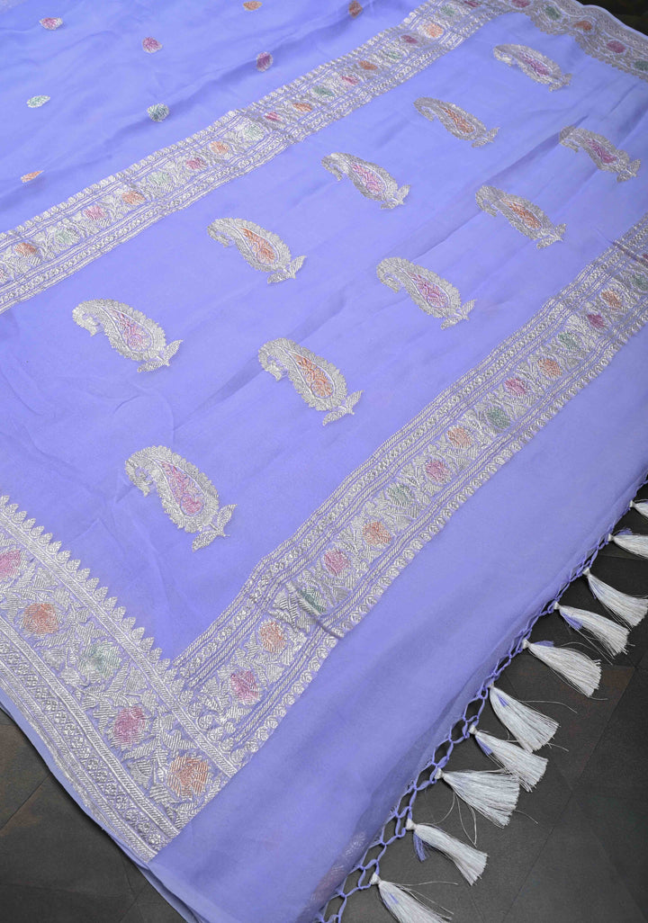 Periwinkle Pure Chiffon Silk Saree with Hand Brush Dye Silver Tone Zari Buttas and Border | SILK MARK CERTIFIED