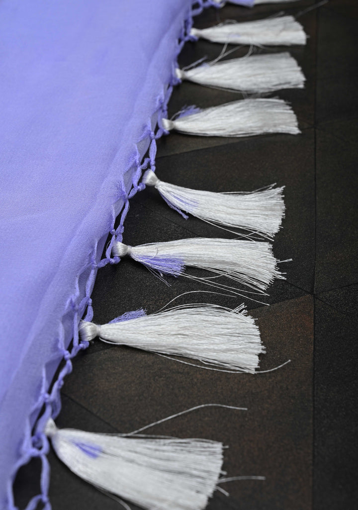 Periwinkle Pure Chiffon Silk Saree with Hand Brush Dye Silver Tone Zari Buttas and Border | SILK MARK CERTIFIED