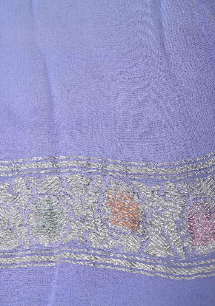 Periwinkle Pure Chiffon Silk Saree with Hand Brush Dye Silver Tone Zari Buttas and Border | SILK MARK CERTIFIED