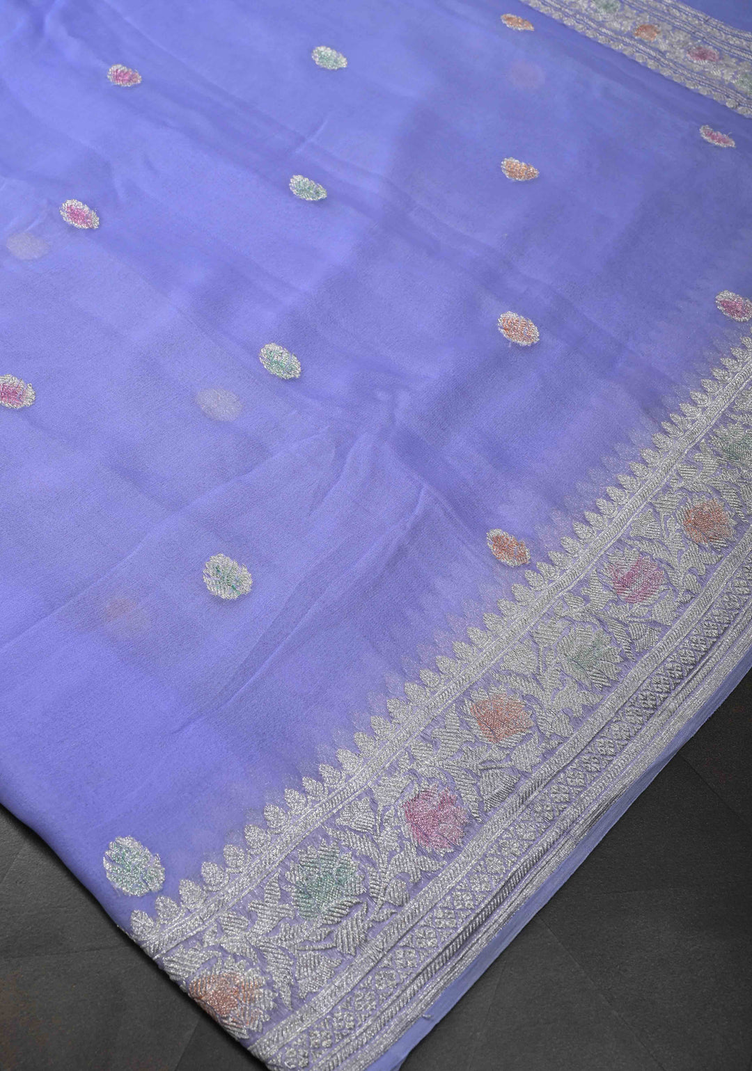 Periwinkle Pure Chiffon Silk Saree with Hand Brush Dye Silver Tone Zari Buttas and Border | SILK MARK CERTIFIED