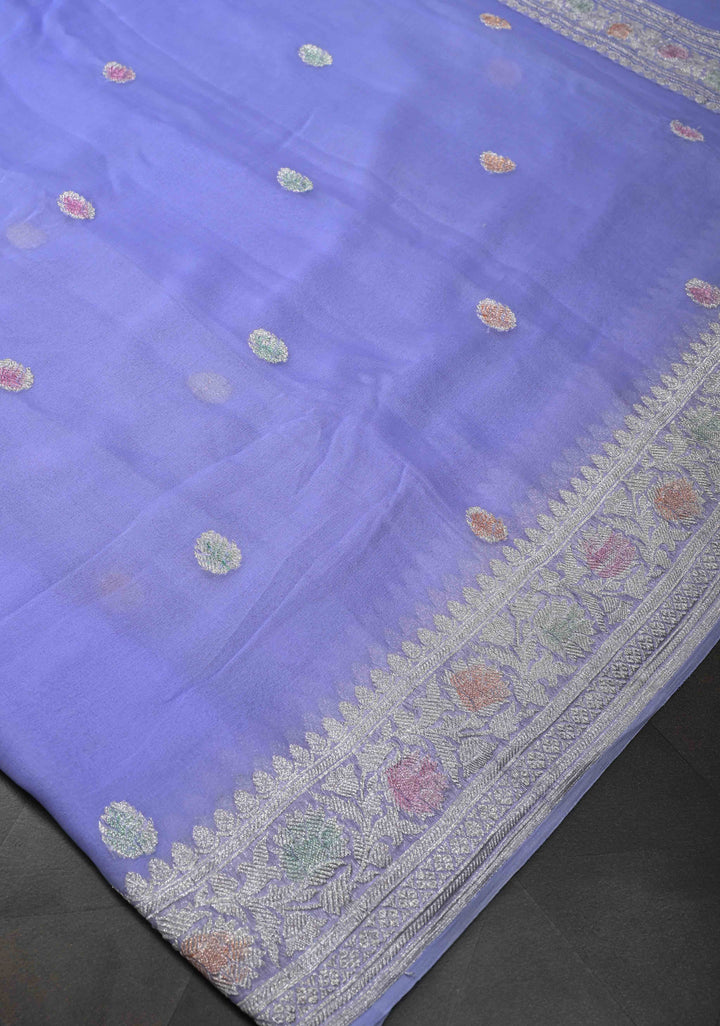 Periwinkle Pure Chiffon Silk Saree with Hand Brush Dye Silver Tone Zari Buttas and Border | SILK MARK CERTIFIED