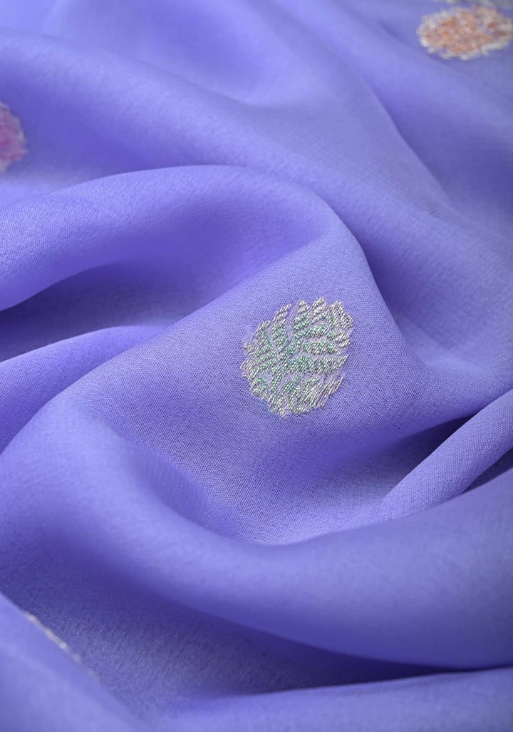 Periwinkle Pure Chiffon Silk Saree with Hand Brush Dye Silver Tone Zari Buttas and Border | SILK MARK CERTIFIED