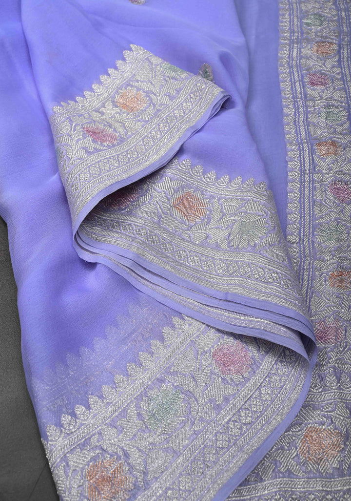 Periwinkle Pure Chiffon Silk Saree with Hand Brush Dye Silver Tone Zari Buttas and Border | SILK MARK CERTIFIED