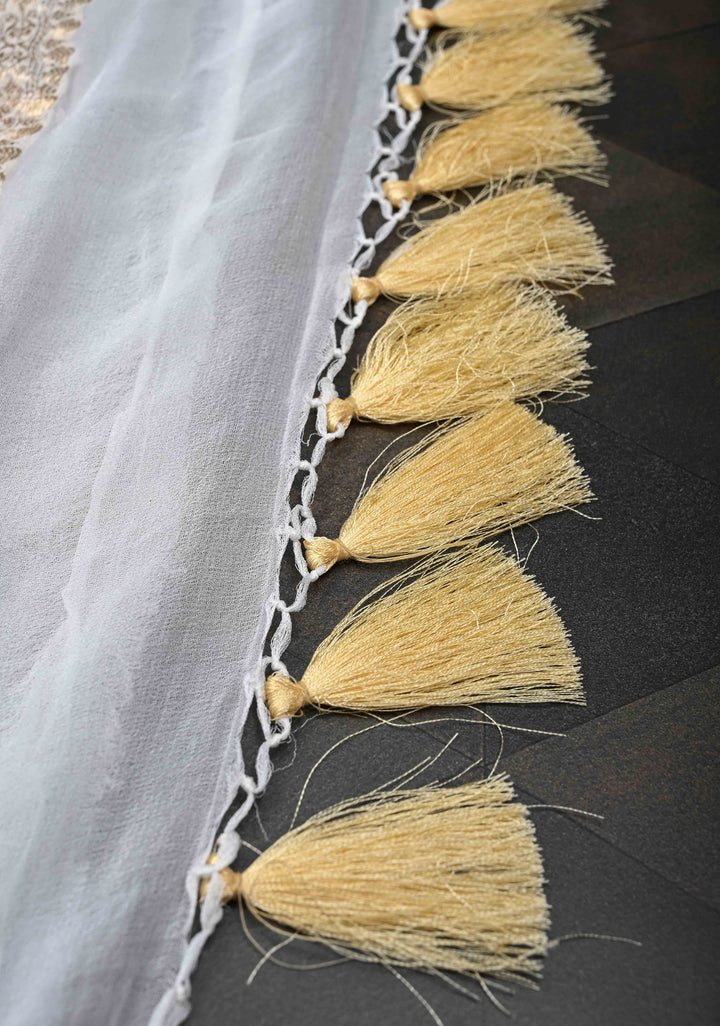 White Pure Chiffon Silk Saree with Zari Buttas and Border | SILK MARK CERTIFIED