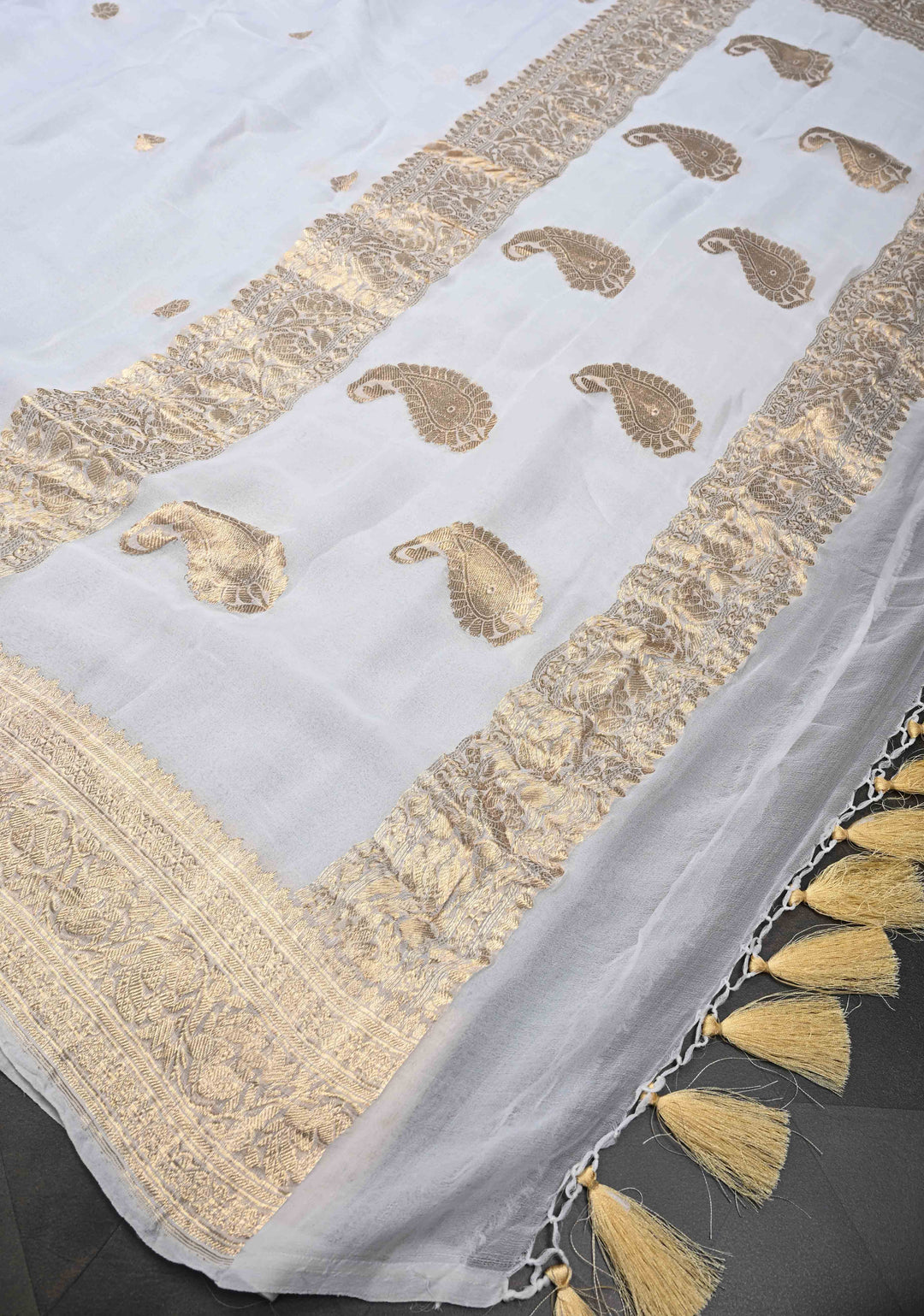White Pure Chiffon Silk Saree with Zari Buttas and Border | SILK MARK CERTIFIED