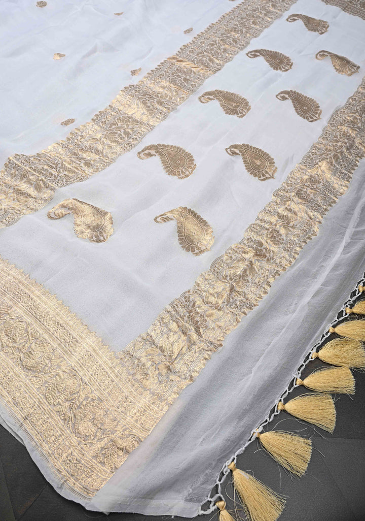 White Pure Chiffon Silk Saree with Zari Buttas and Border | SILK MARK CERTIFIED