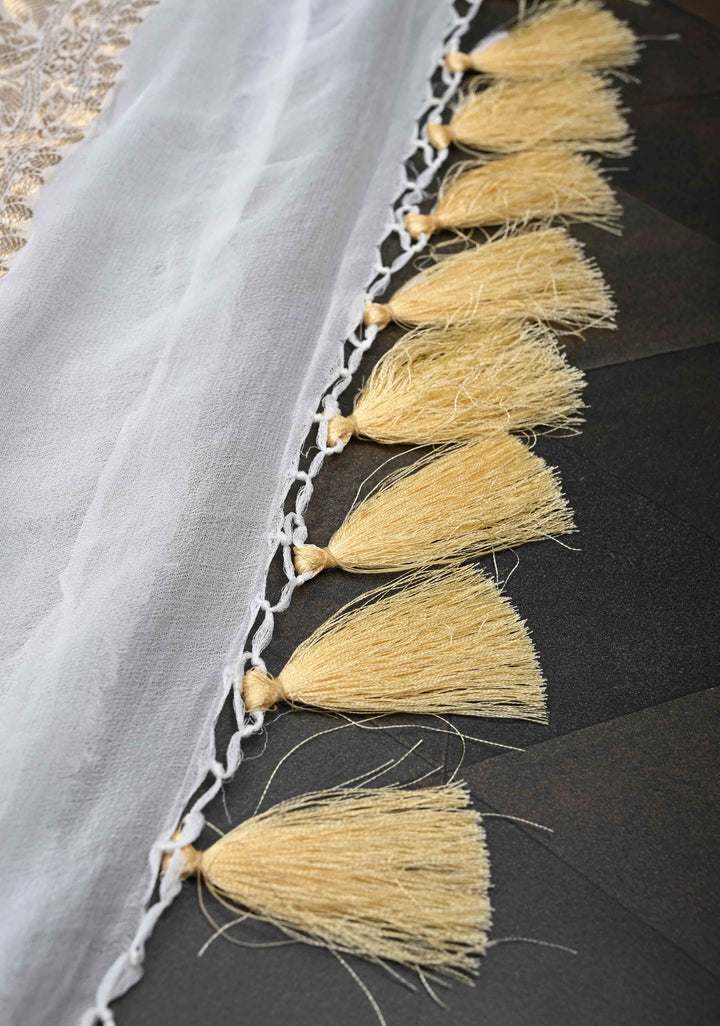 White Pure Chiffon Silk Saree with Zari Buttas and Border | SILK MARK CERTIFIED