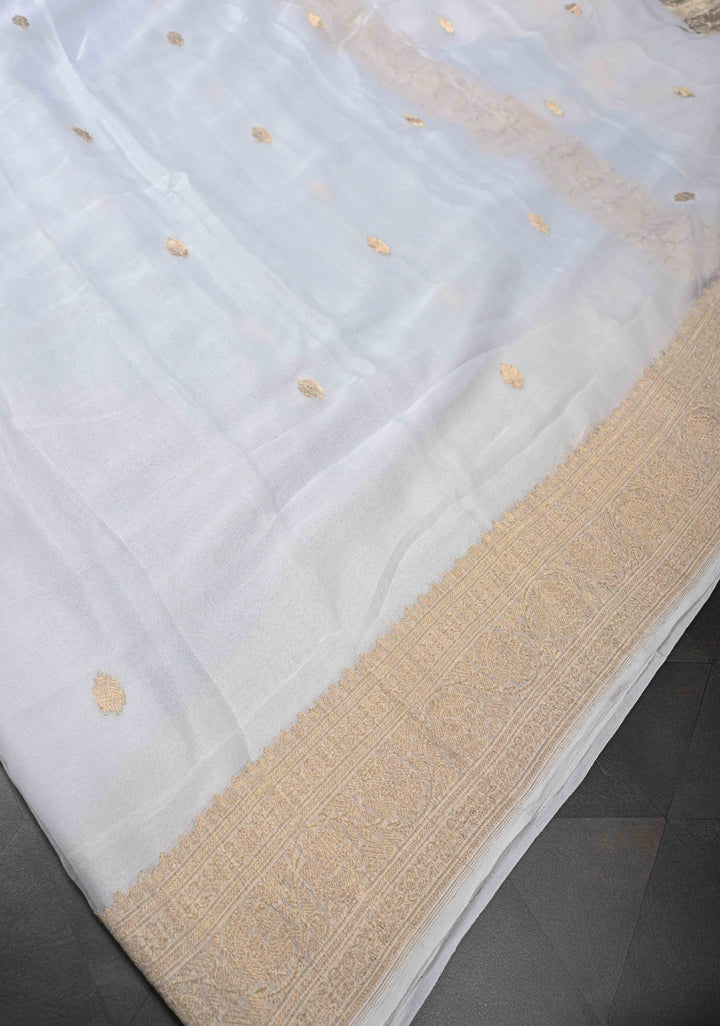 White Pure Chiffon Silk Saree with Zari Buttas and Border | SILK MARK CERTIFIED