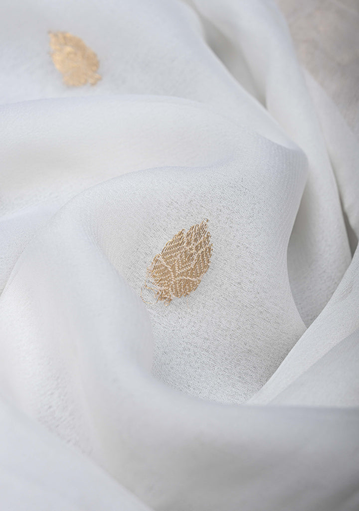 White Pure Chiffon Silk Saree with Zari Buttas and Border | SILK MARK CERTIFIED