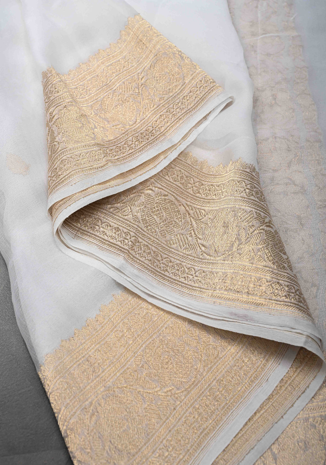 White Pure Chiffon Silk Saree with Zari Buttas and Border | SILK MARK CERTIFIED