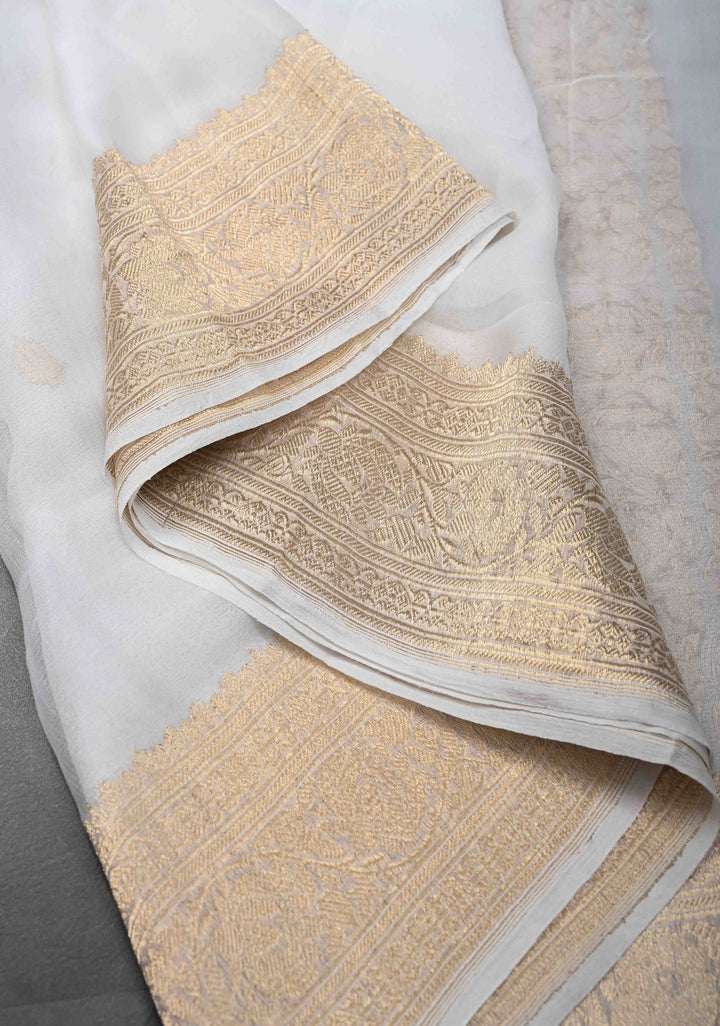 White Pure Chiffon Silk Saree with Zari Buttas and Border | SILK MARK CERTIFIED