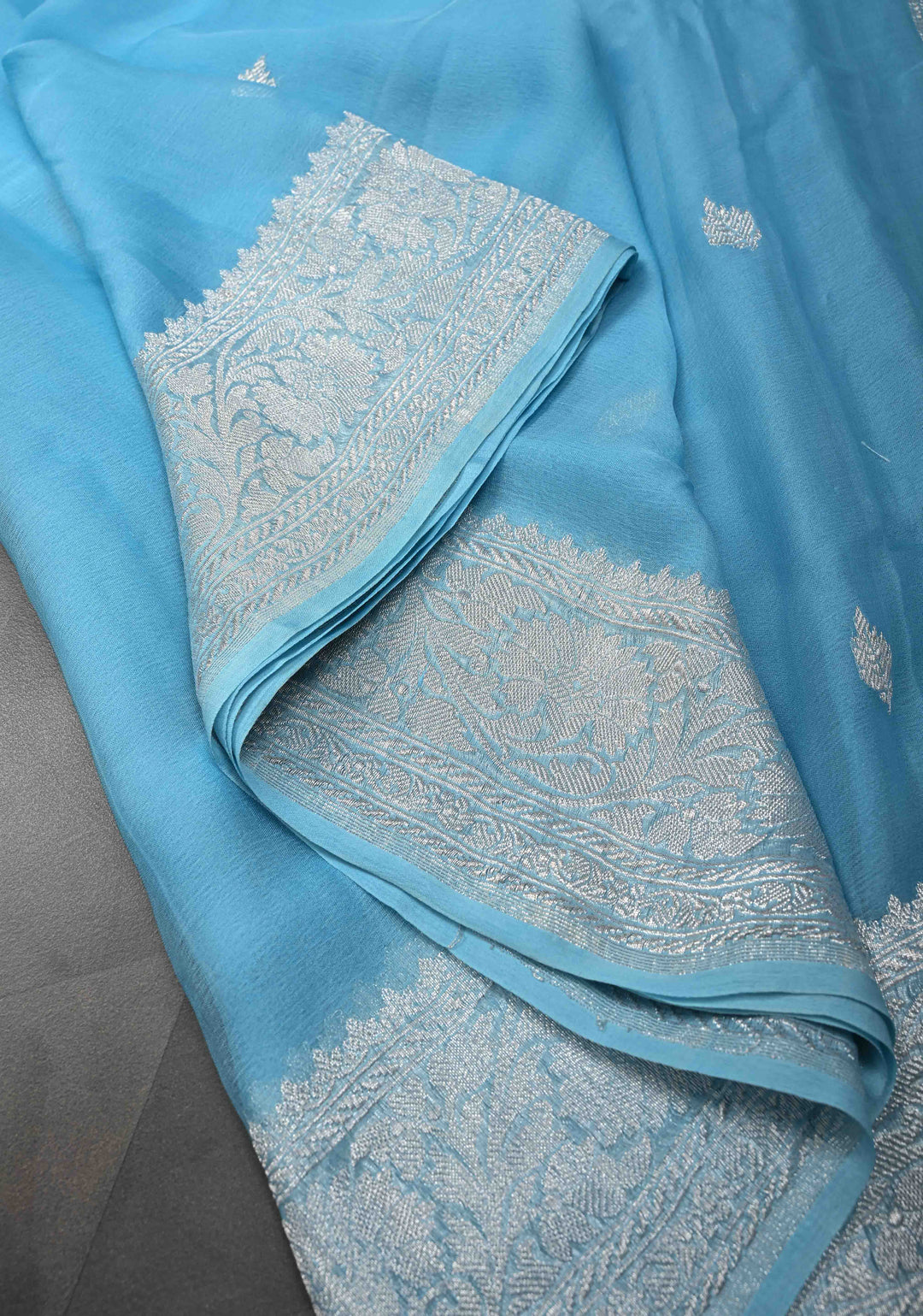 Pastel Blue Pure Chiffon Silk Saree with Silver tone Zari Buttas and Border | SILK MARK CERTIFIED