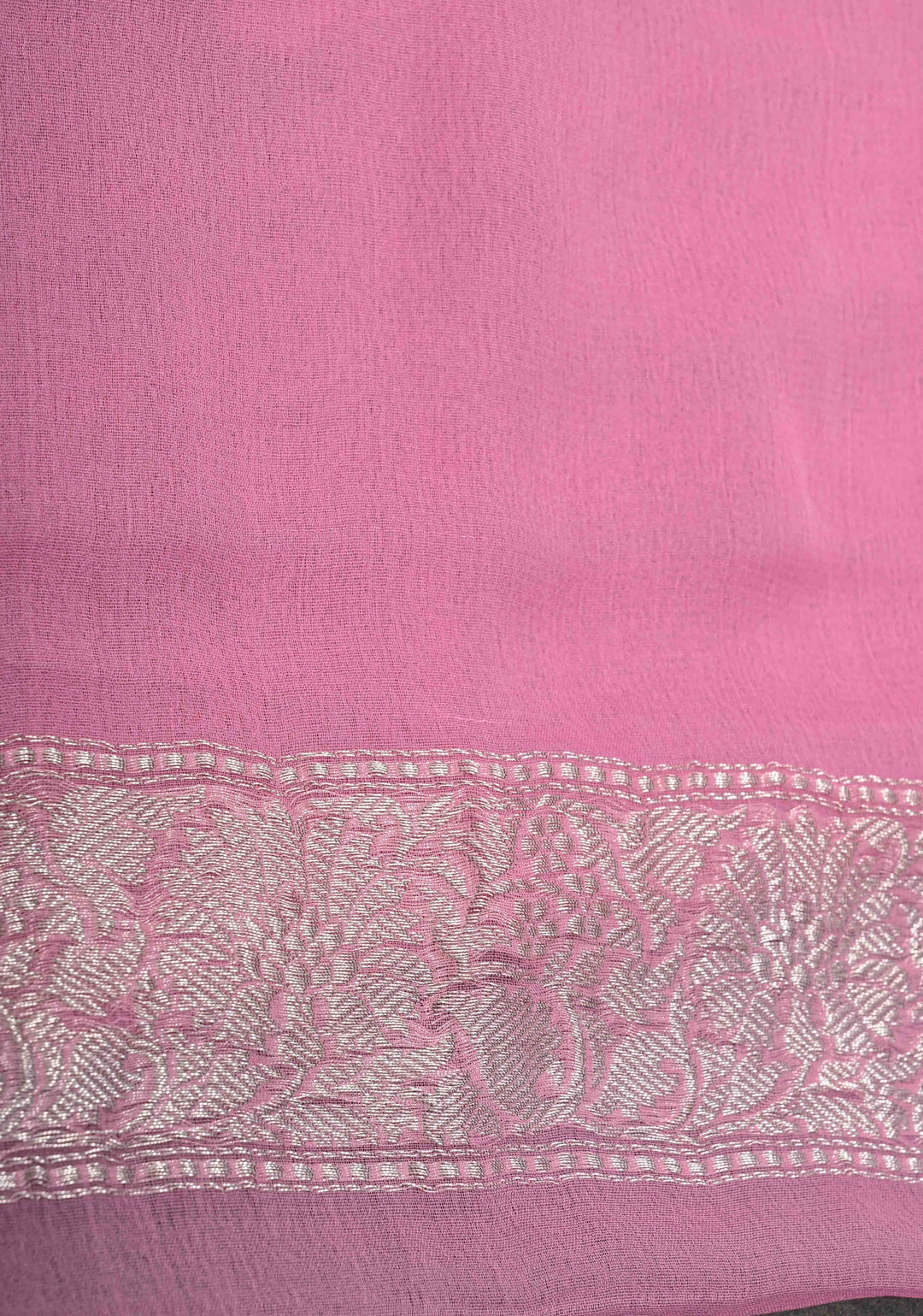 Pink Pure Chiffon Silk Saree with Silver tone Zari Buttas and Border | SILK MARK CERTIFIED