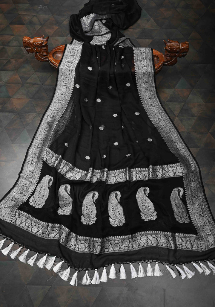 Black Pure Chiffon Silk Saree with Silver tone Zari Buttas and Border | SILK MARK CERTIFIED