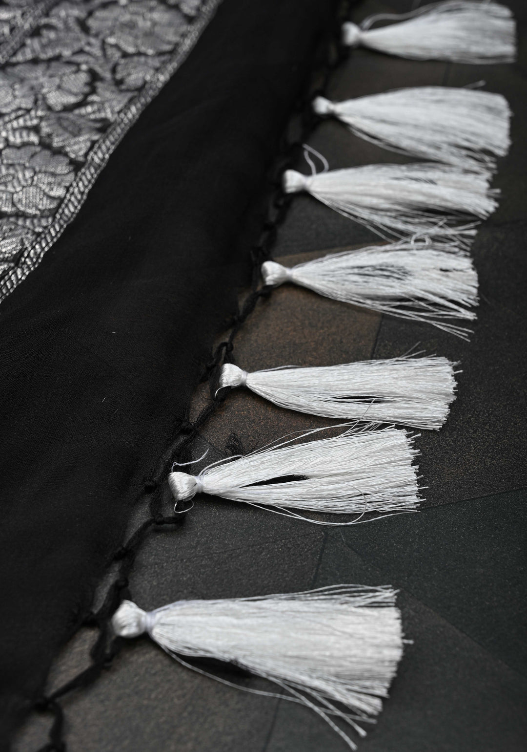 Black Pure Chiffon Silk Saree with Silver tone Zari Buttas and Border | SILK MARK CERTIFIED