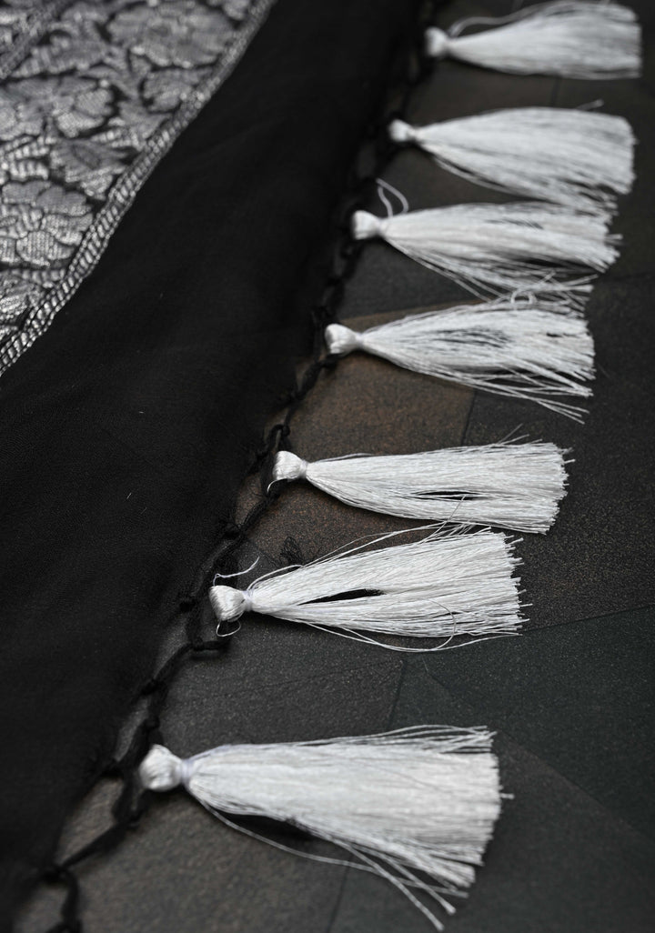 Black Pure Chiffon Silk Saree with Silver tone Zari Buttas and Border | SILK MARK CERTIFIED
