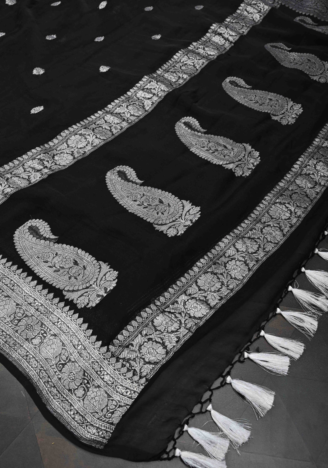 Black Pure Chiffon Silk Saree with Silver tone Zari Buttas and Border | SILK MARK CERTIFIED