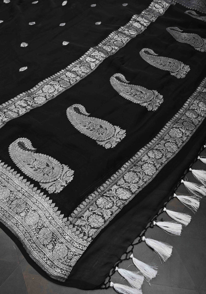 Black Pure Chiffon Silk Saree with Silver tone Zari Buttas and Border | SILK MARK CERTIFIED