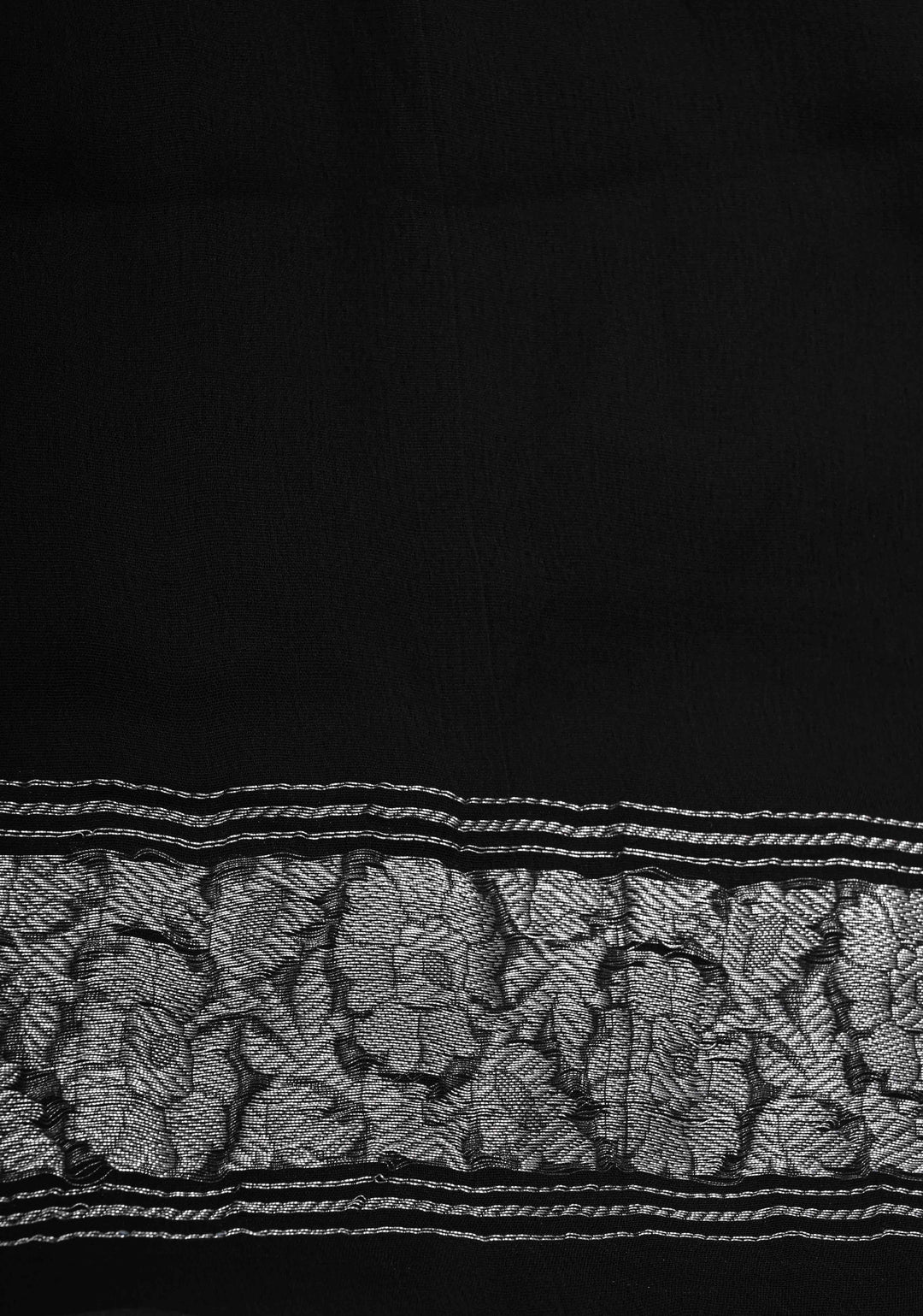 Black Pure Chiffon Silk Saree with Silver tone Zari Buttas and Border | SILK MARK CERTIFIED