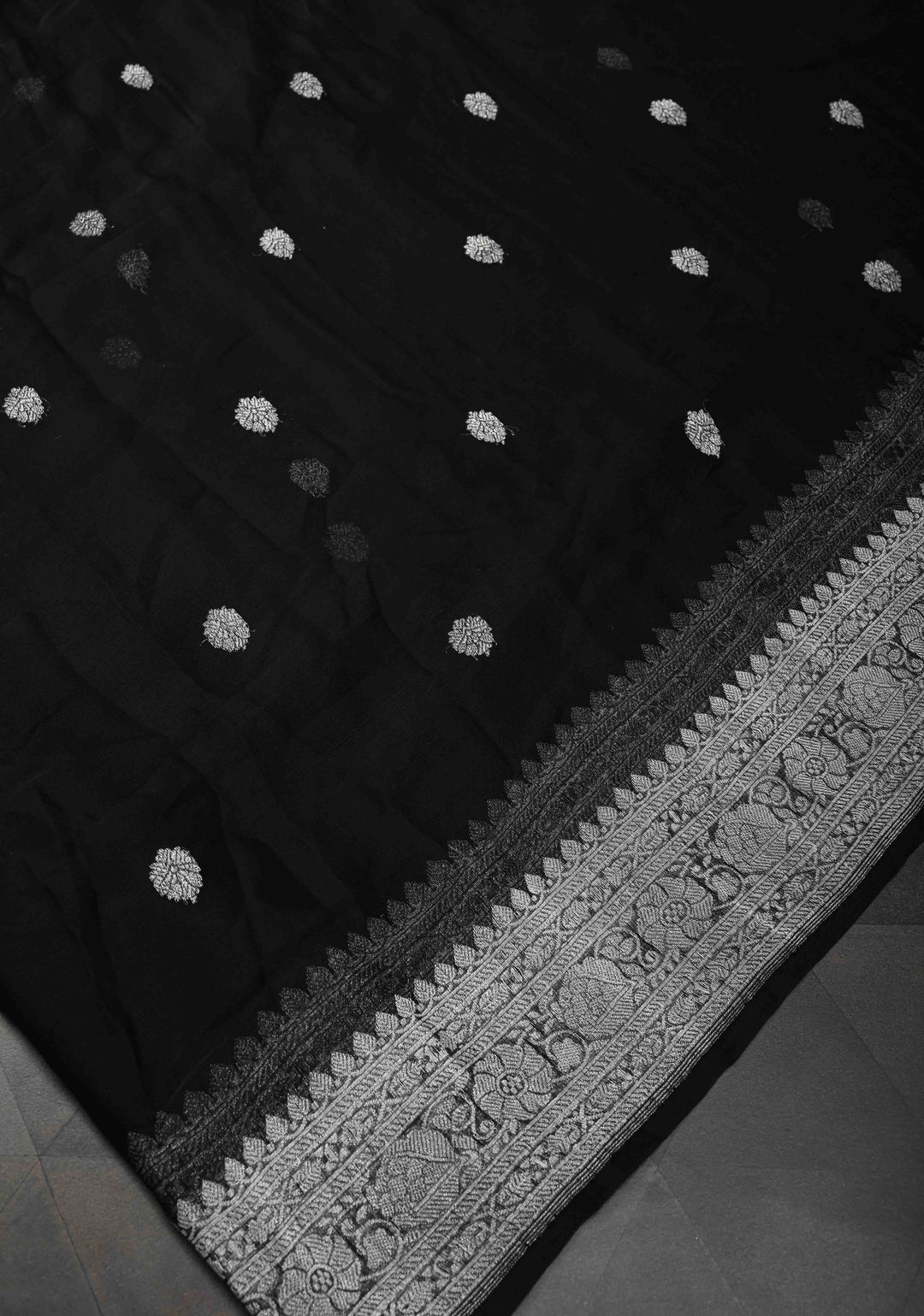 Black Pure Chiffon Silk Saree with Silver tone Zari Buttas and Border | SILK MARK CERTIFIED