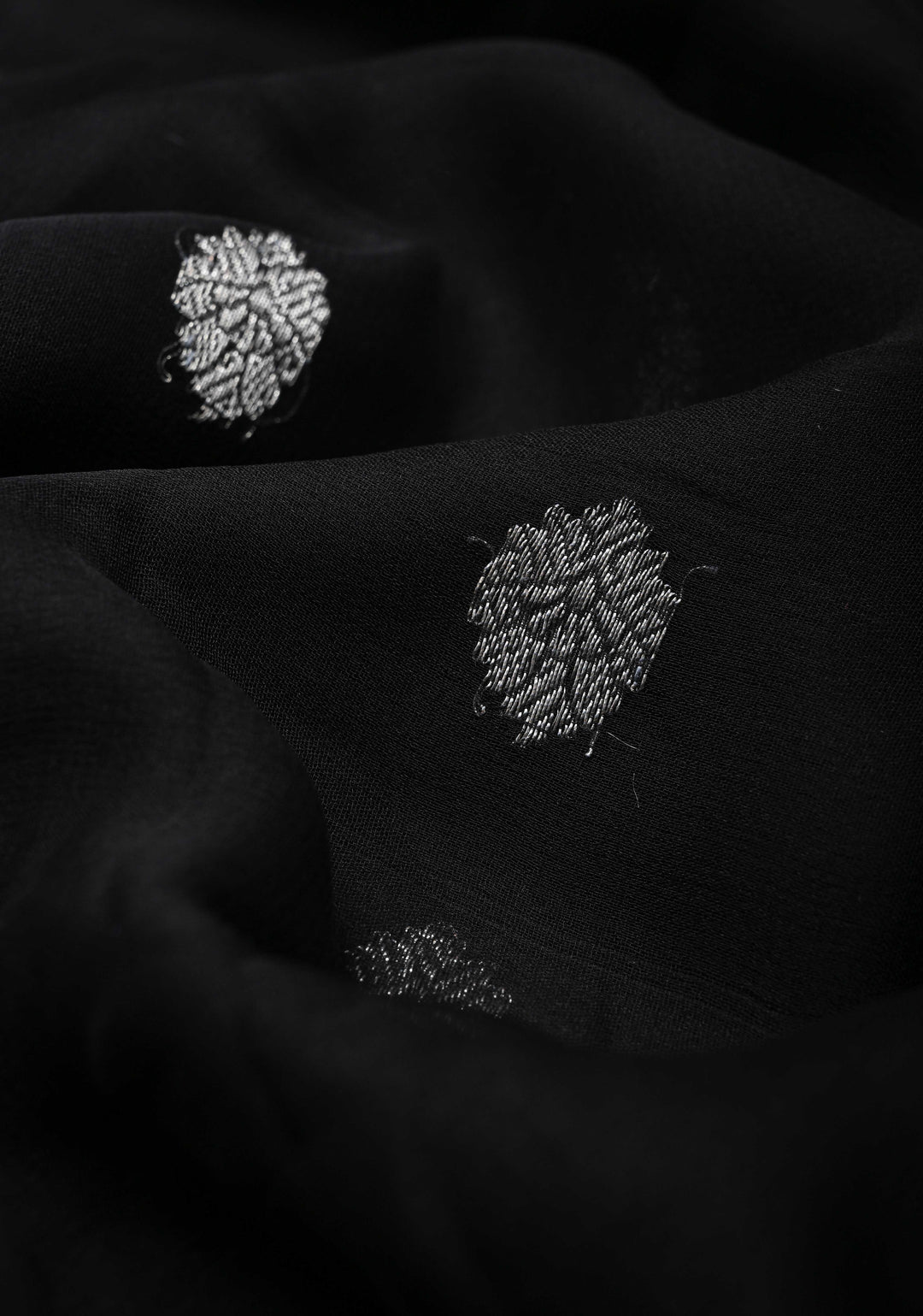 Black Pure Chiffon Silk Saree with Silver tone Zari Buttas and Border | SILK MARK CERTIFIED