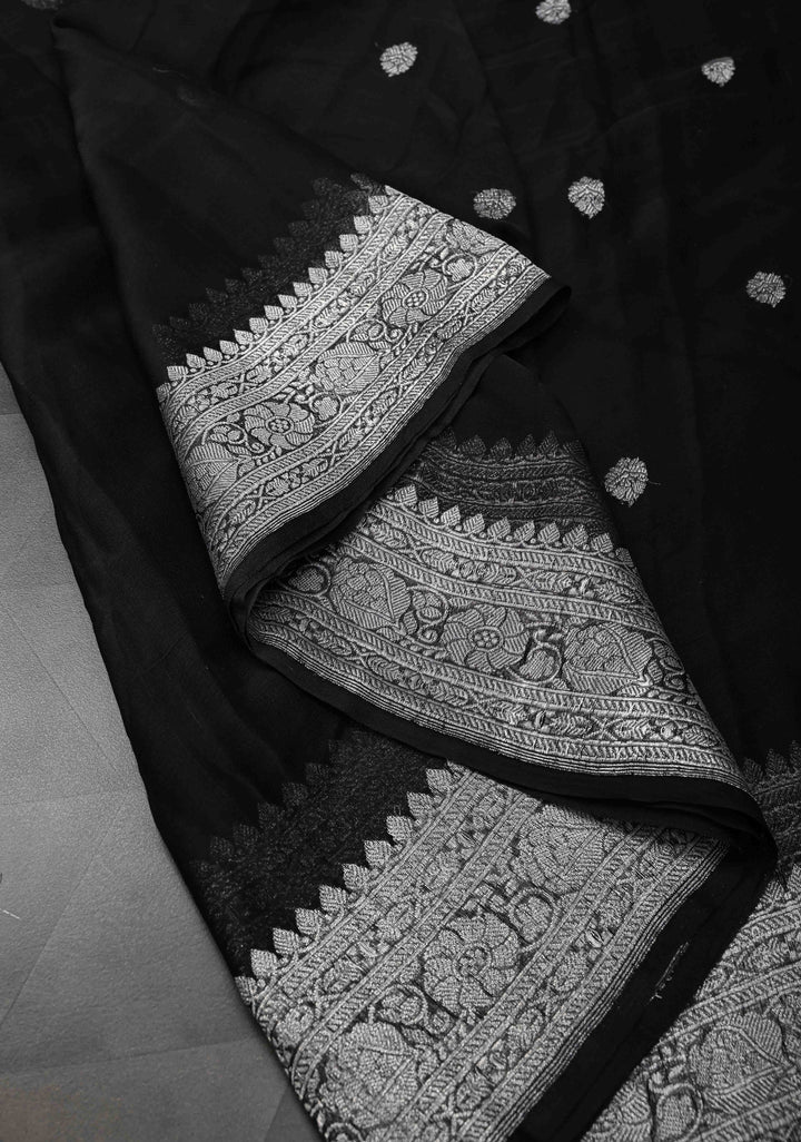 Black Pure Chiffon Silk Saree with Silver tone Zari Buttas and Border | SILK MARK CERTIFIED