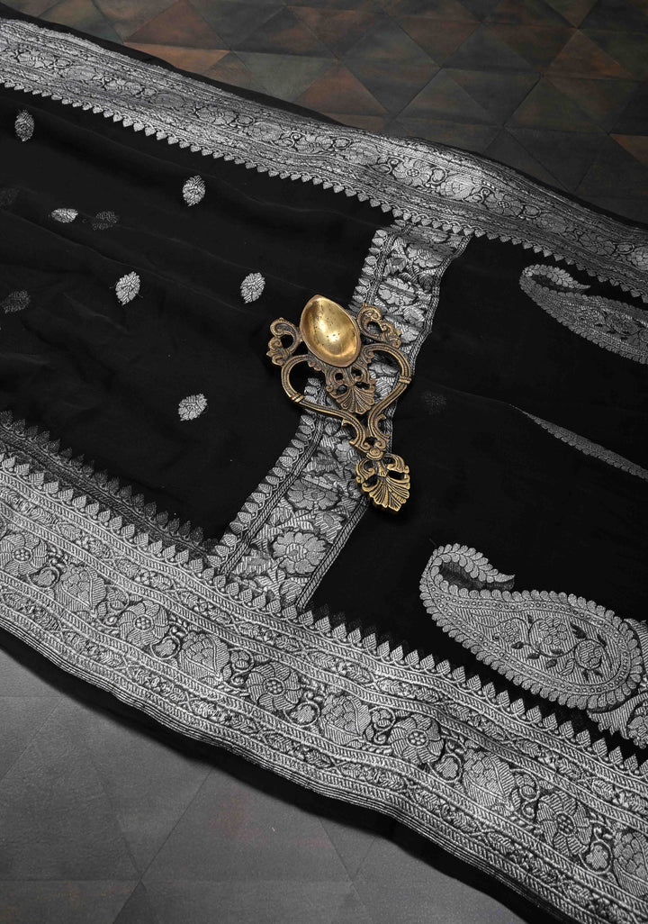 Black Pure Chiffon Silk Saree with Silver tone Zari Buttas and Border | SILK MARK CERTIFIED