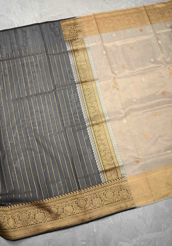 Beige-Black Banarasi Half Kora and Half Tissue Saree with Sona Rupa Buttas and Zari Stripes  | Silk Mark Certified
