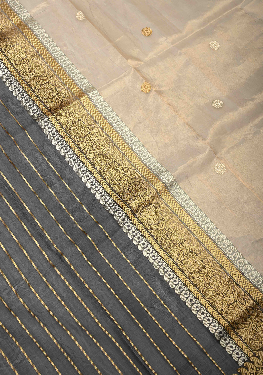 Beige-Black Banarasi Half Kora and Half Tissue Saree with Sona Rupa Buttas and Zari Stripes  | Silk Mark Certified
