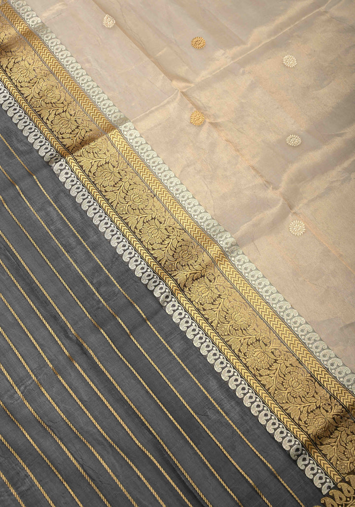 Beige-Black Banarasi Half Kora and Half Tissue Saree with Sona Rupa Buttas and Zari Stripes  | Silk Mark Certified