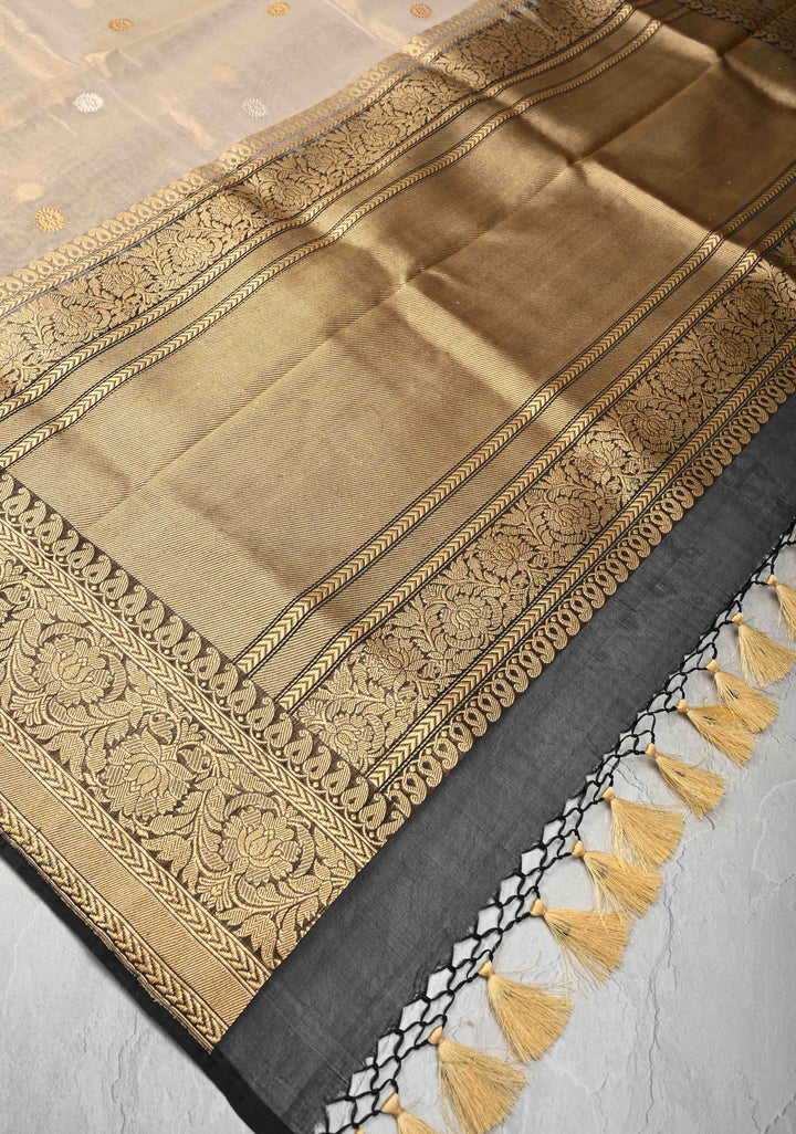 Beige-Black Banarasi Half Kora and Half Tissue Saree with Sona Rupa Buttas and Zari Stripes  | Silk Mark Certified