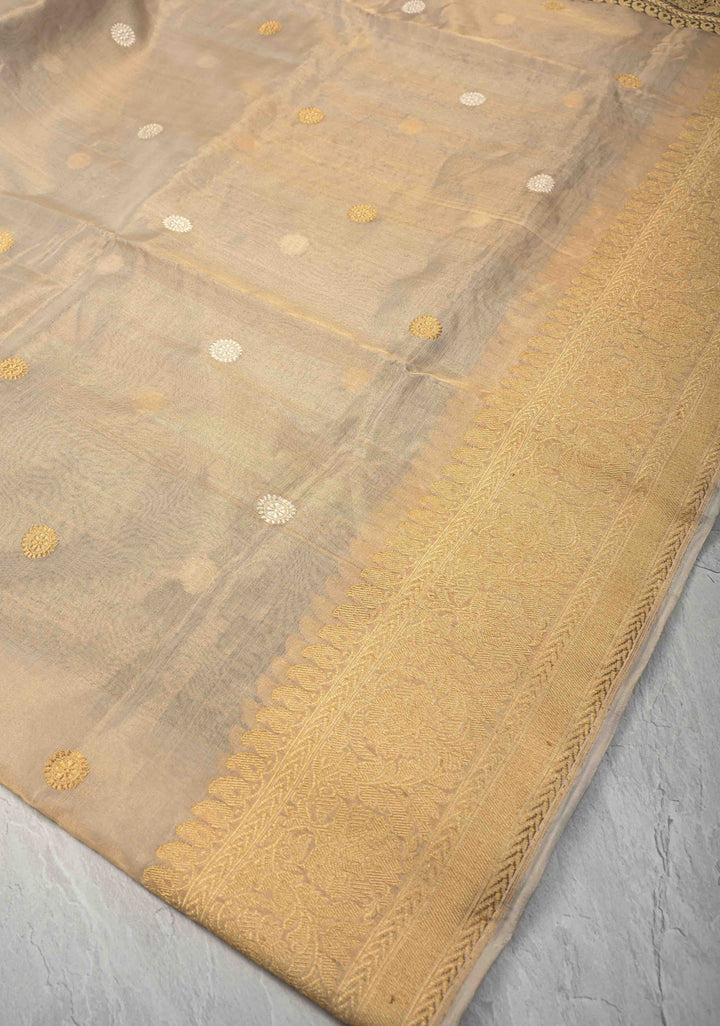 Beige-Black Banarasi Half Kora and Half Tissue Saree with Sona Rupa Buttas and Zari Stripes  | Silk Mark Certified