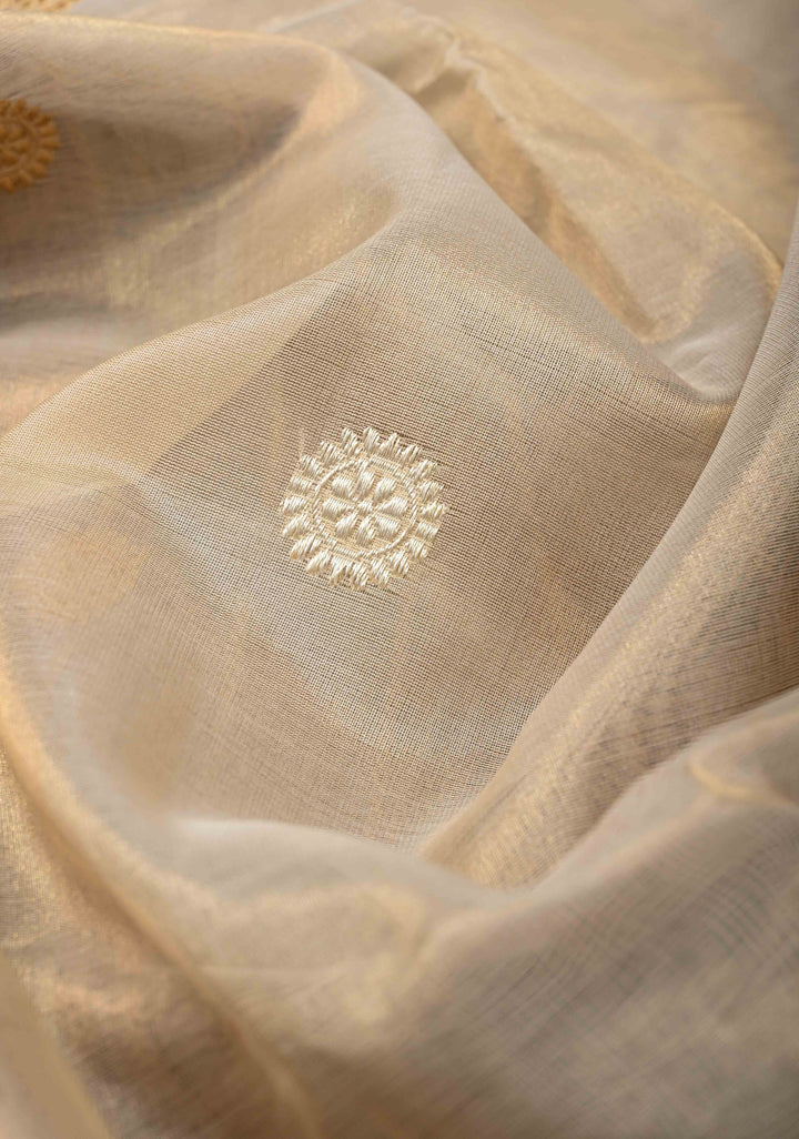 Beige-Black Banarasi Half Kora and Half Tissue Saree with Sona Rupa Buttas and Zari Stripes  | Silk Mark Certified