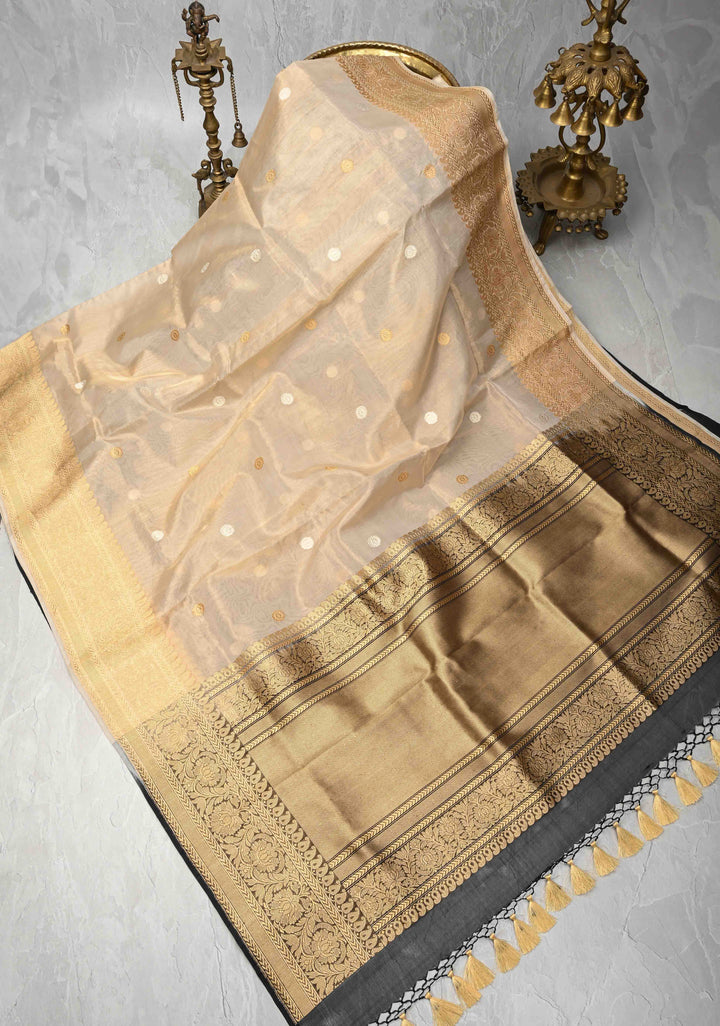 Beige-Black Banarasi Half Kora and Half Tissue Saree with Sona Rupa Buttas and Zari Stripes  | Silk Mark Certified