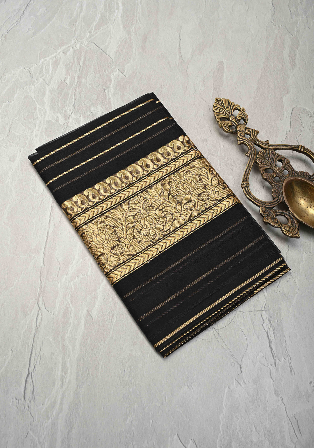 Beige-Black Banarasi Half Kora and Half Tissue Saree with Sona Rupa Buttas and Zari Stripes  | Silk Mark Certified