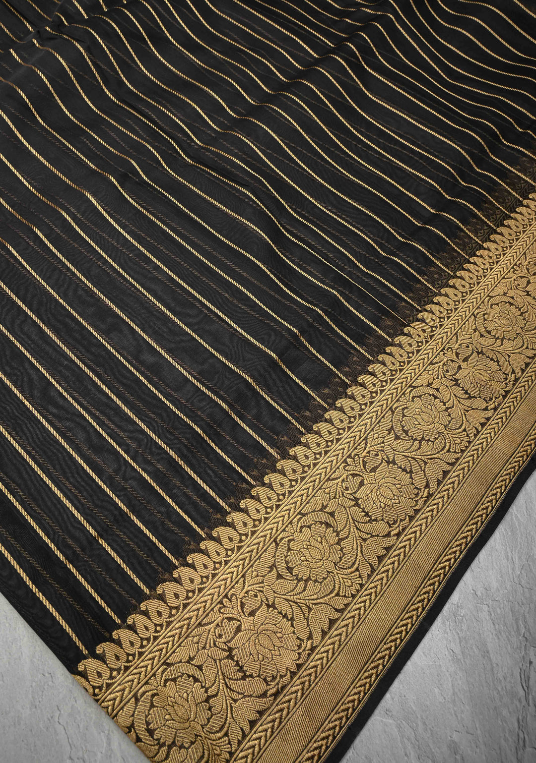 Beige-Black Banarasi Half Kora and Half Tissue Saree with Sona Rupa Buttas and Zari Stripes  | Silk Mark Certified