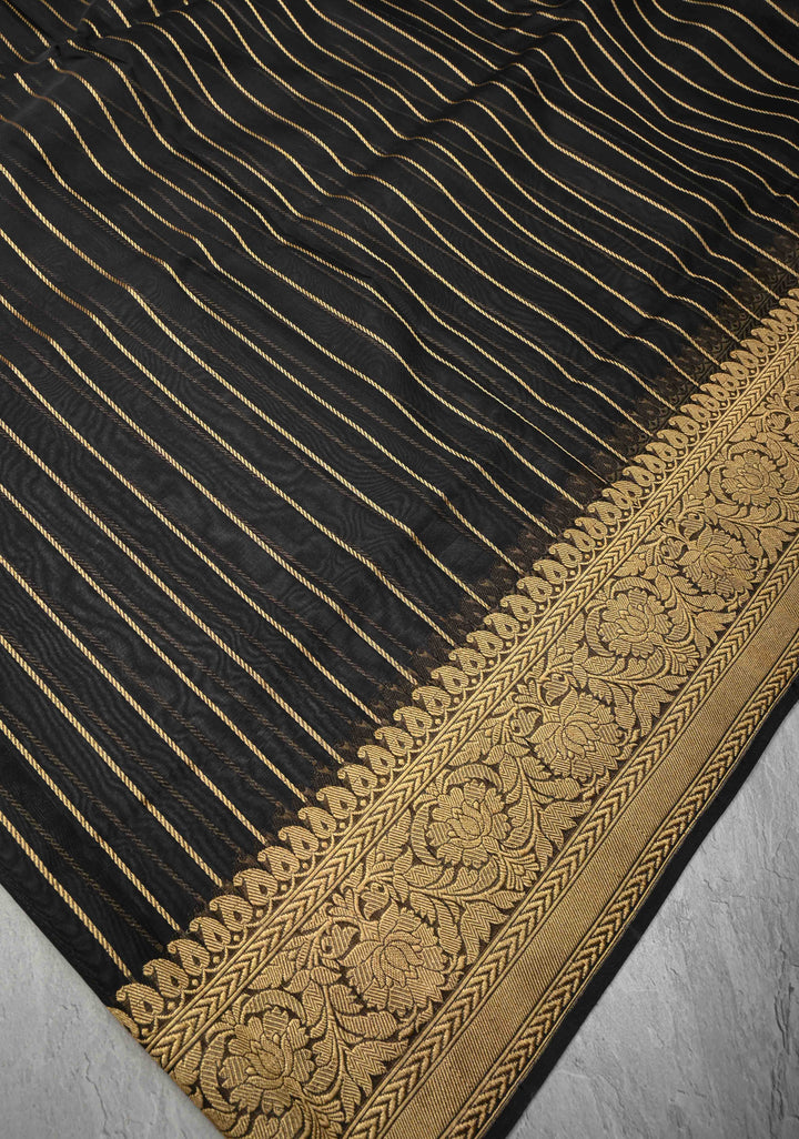 Beige-Black Banarasi Half Kora and Half Tissue Saree with Sona Rupa Buttas and Zari Stripes  | Silk Mark Certified