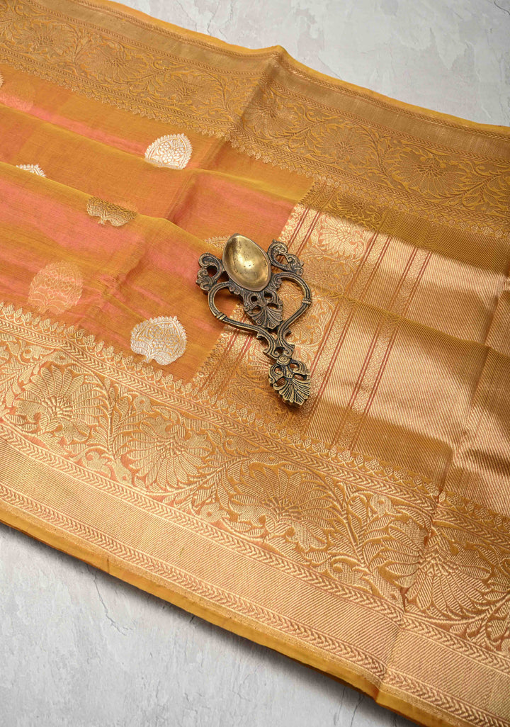 Orange Dual tone Banarasi Kora Silk Saree with Sona Rupa Buttas and Zari Border | SILK MARK CERTIFIED
